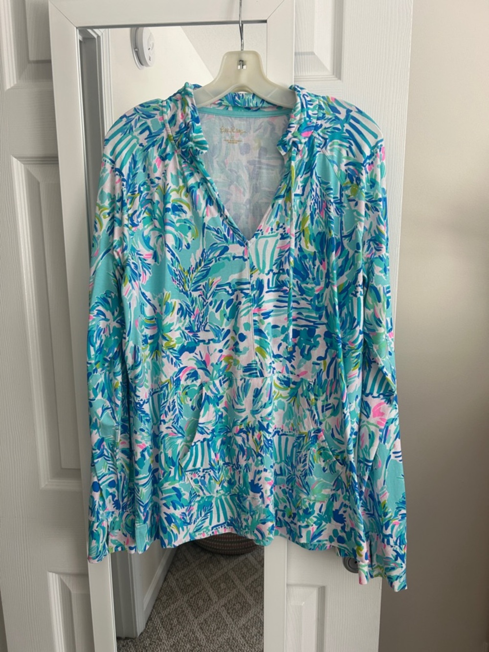 Lilly Pulitzer Aqua Tropical V-Neck Tunic with Pink & Green Accents